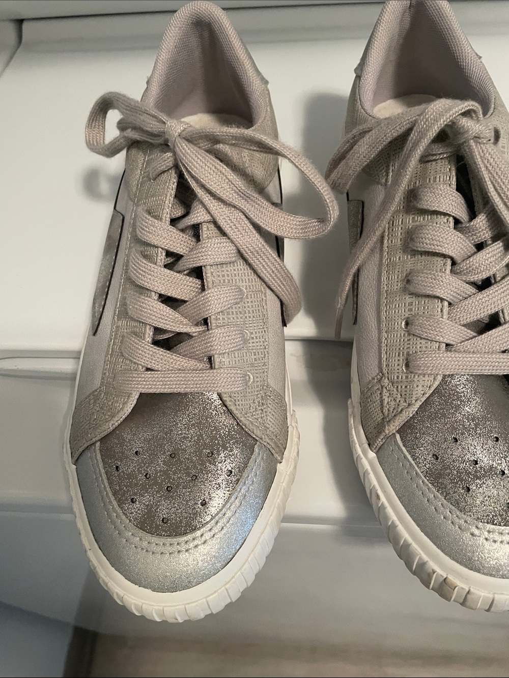 Women's Lace-Up Sneakers in Light Gray with Metallic Silver Toe. Super cute